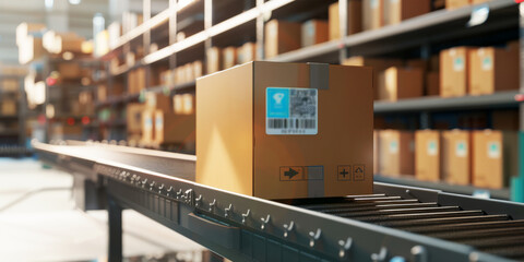 A cardboard box  on the conveyor belt in warehouse,