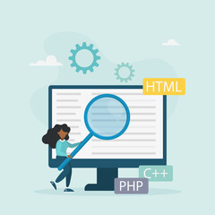 Software development concept. A woman creates applications and programs, tests code, works in the IT industry. Vector illustration.
