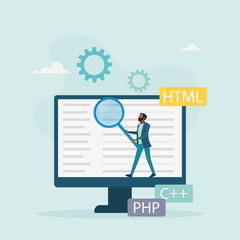 Software development concept. A man creates applications and programs, tests code, works in the IT industry. Vector illustration.
