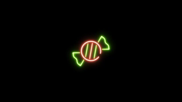 Neon sign in candy shape motion graphic with alpha channel. Colored toffee neon light turn on and turn off isolated icon animated on transparent background.