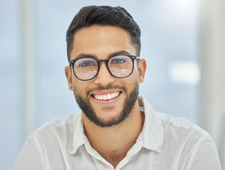 Corporate, portrait and man in office, glasses and mockup space for employee in startup and agency....