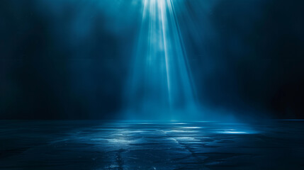 Obraz premium A dark room with a blue light shining on the floor. The room is empty and the light is the only source of illumination