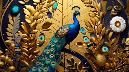 Multicolor 3D oil painting of a peacock sitting on the branch of tree with flowers and butterfly's Acrylic drawing art. A piece of art oil painting