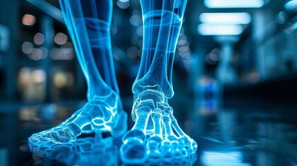 The AI-generated photo shows a pair of human feet in an x-ray view. The bones are blue and the background is black. The photo is well-lit and the bones are clear and easy to see.