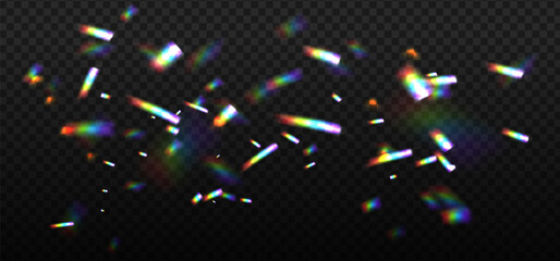 Rainbow dispersion highlights on a black background. Glare or reflection from water and glass. Realistic Glittering particles for photo shots. Vector overlay illustration.