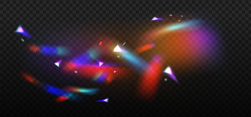 White blue red gem lights. Sparkle rainbow overlay effect. Crystal glow prism. Neon flare. Dimond camera filter. Iridescent or mesh gradient glare. Color spectrum flashes. Vector abstract background