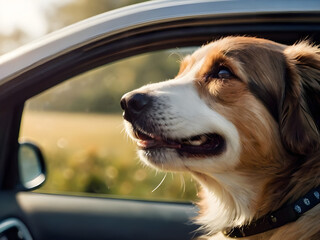 happy dog in the car window with the wind.