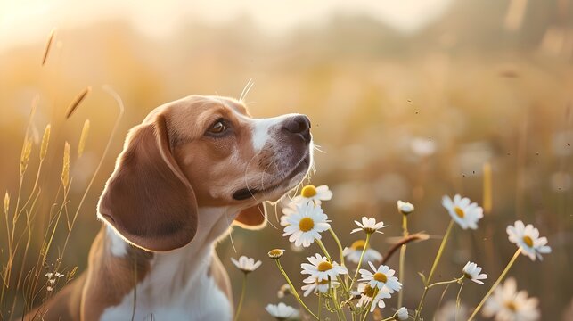 Serene beagle dog sitting amidst wild daisies at golden hour. Perfect for nature-themed backgrounds and pet lovers. Tranquil, high-quality image. AI