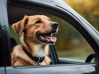 happy dog in the car window with the wind.