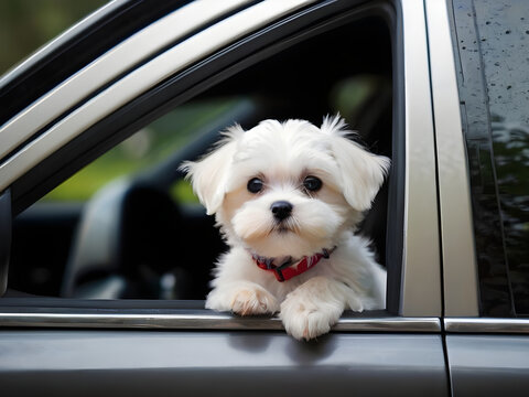 Adorable Maltese puppy looking out the car window.