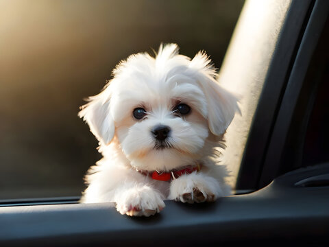 Adorable Maltese puppy looking out the car window.