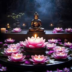 Praying God, gold Buddha statue with lotus candle lights.  Holy worship faithful Buddhism Buddhist. Generative ai.