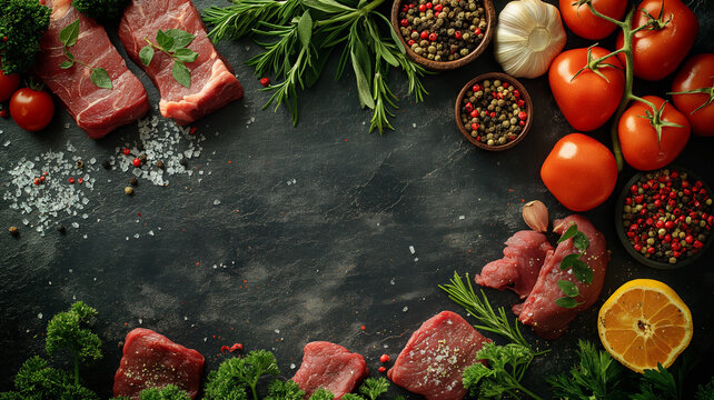 Raw meat steaks with tomatoes, pepper, spices and herbs on black stone background. Meat food, top view, flat lay, frame