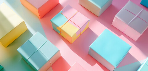 Scattered pastel color gift boxes over colorful background with empty space for text or product.