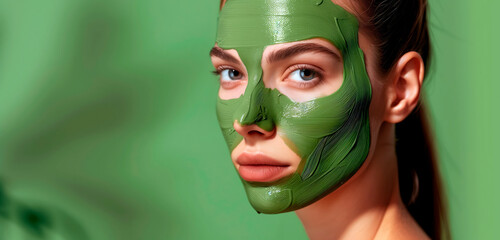 Young woman wearing green face mask for skin care treatment. Wellbeing. Self care. Beauty and cosmetic header with copy space.