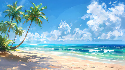 Obraz premium Tropical beach painting with palm trees and blue ocean with waves.