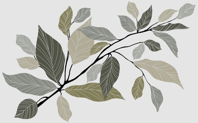 Illustration of a branch with leaves in gray and beige colors hand drawn.