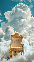 Luxury royal gold king queen throne floating in clouds sky