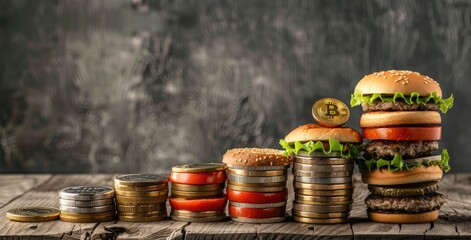 bunch of coins and growing graph with different hamburger strips in front view on wooden table, background is grey gradient, - Powered by Adobe