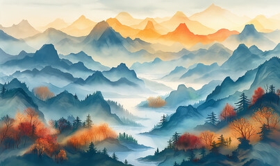 abstract watercolor wallpaper of the sunset/ sunrise in mountains and valleys 
