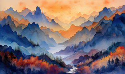 abstract watercolor wallpaper of the sunset/ sunrise in mountains and valleys 