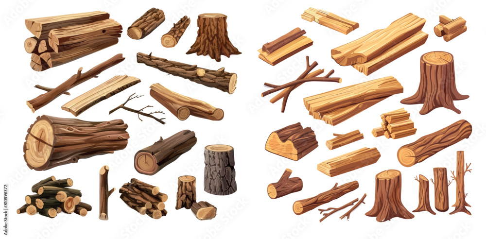 Wall mural tree trunk and woodwork planks, logging twigs, and chop wood material are isolated modern illustrati