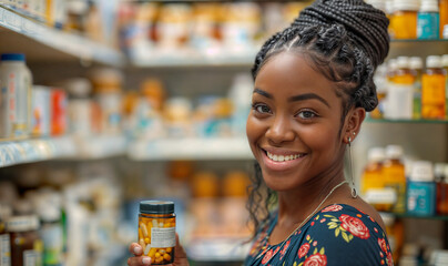 black young woman in her 30s smiling in pharmacy holding a vitamin bottle, advertising banner with copy space	