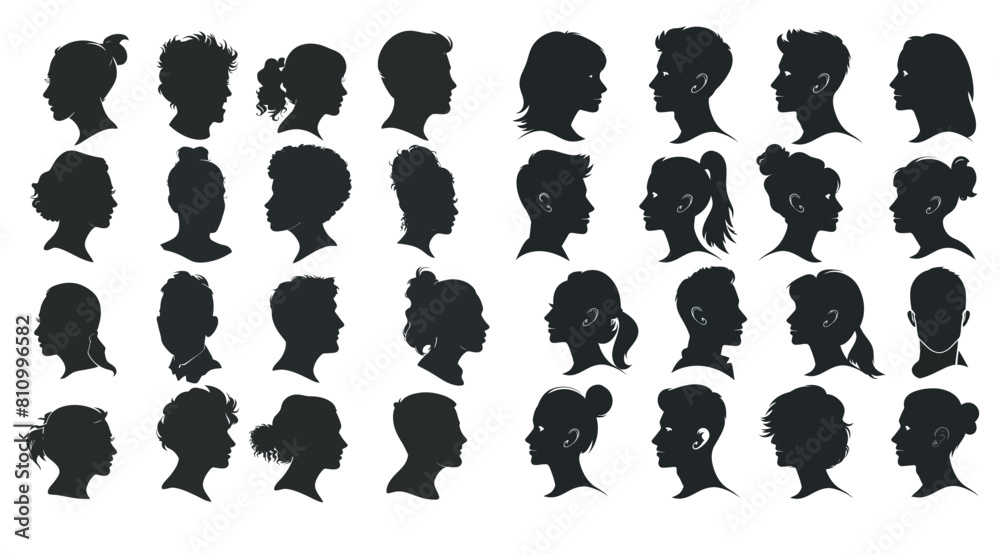 Poster Modern illustration set of anonymous person head silhouettes. Portrait of a woman and a man with full faces