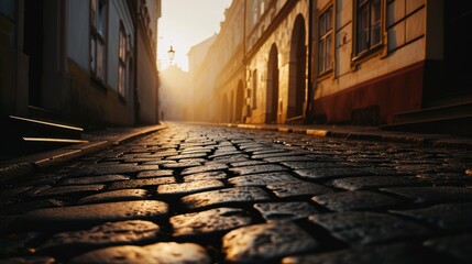 Naklejka premium Low angle view of street with historical buildings in Prague city in Czech Republic in Europe.