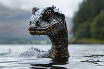 Fototapeta premium Large serpant-like sea monster swimming in lake