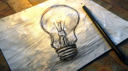 Pencil drawing light bulb on white paper, business idea concept. Generative AI