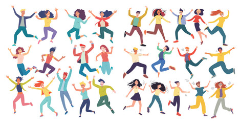 Fototapeta na wymiar Faceless dancing human pack in flat style. Excited student characters, joyful teenagers, and joyful people jumped together in a happy jumping group.