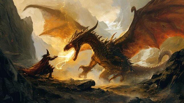 A wizard fight a powerful dragon.