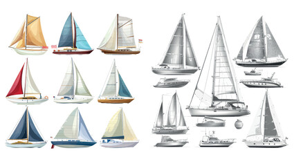 Ships with sails. Sailboats and ships, vessels and cruises isolated modern icons set.