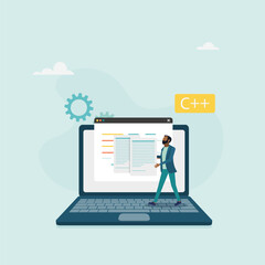 Software development concept. A man creates applications and programs, tests code, works in the IT industry. Vector illustration.