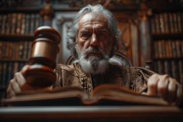 Elderly judge in traditional dress holds a book, exuding authority and wisdom with a strict expression