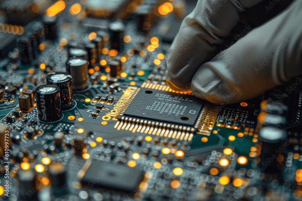 Poster close-up of gloved hands installing a central processing unit on a circuit board, highlighting techn