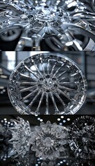 Detailed close ups of car wheels and rims highlighting intricate designs and shiny surfaces