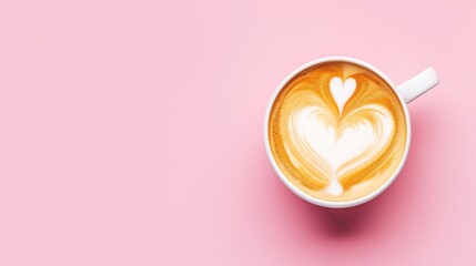 Close-up view of a cup of coffee with heart shape latte art over pink background.