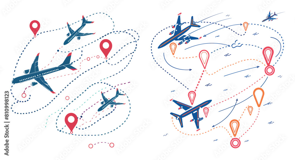 Aufkleber the plane route line. this set of modern illustrations depicts a dotted flight pathway