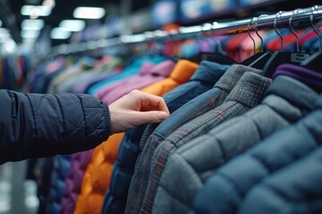 Close-up of a person's hand selecting a checkered jacket from a rail of various winter coats and jackets