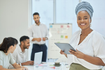Boardroom, tablet and woman in meeting, research and strategy for business in social media and portrait. Creative, collaboration and teamwork with internet, ideas and project of copywriting.