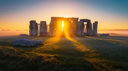 Obraz premium Colorful sunrise at famous Stonehenge ancient mystery site in England UK.