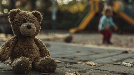 On International Missing Children s Day a forlorn Teddy bear doll gazes out from a footpath while in the background a child plays on a blurry playground This lost brown bear toy tugs at the 