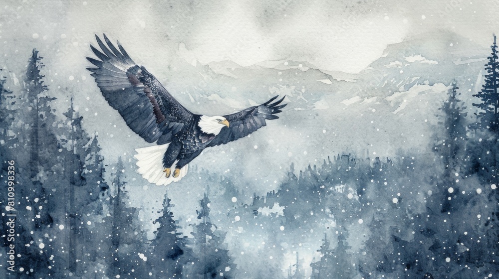 Wall mural A bald eagle flying over foggy forest mountain in sky in wild. Watercolor painting.