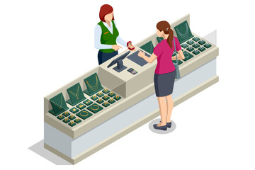 Isometric Elegant jewelry. Woman buys a gold ring with a red ruby in a jewelry store. Jewellery gold and silver ring with diamonds or gemstones. Cartoon jewellery shop showcase. Golden jewel shop