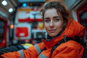 A close-up of a smiling female paramedic wearing an orange uniform, seated in front of an out-of-focus ambulance