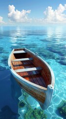 A small wooden boat is floating in the ocean. The water is calm and clear, and the sky is blue with some clouds. The scene is peaceful and serene, and it evokes a sense of relaxation and tranquility