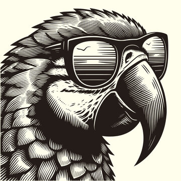 cool parrot in sunglasses vintage portrait sketch