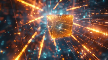 A golden cube with a sparkling texture floats amidst a dynamic data stream, representing connectivity and digital flow in a futuristic world.